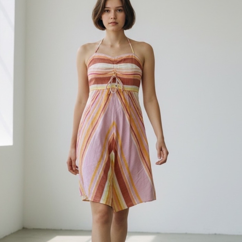 Anthropologie Striped Halter Romper Jumpsuit Womens Size 4‎ Pink Orange Yellow